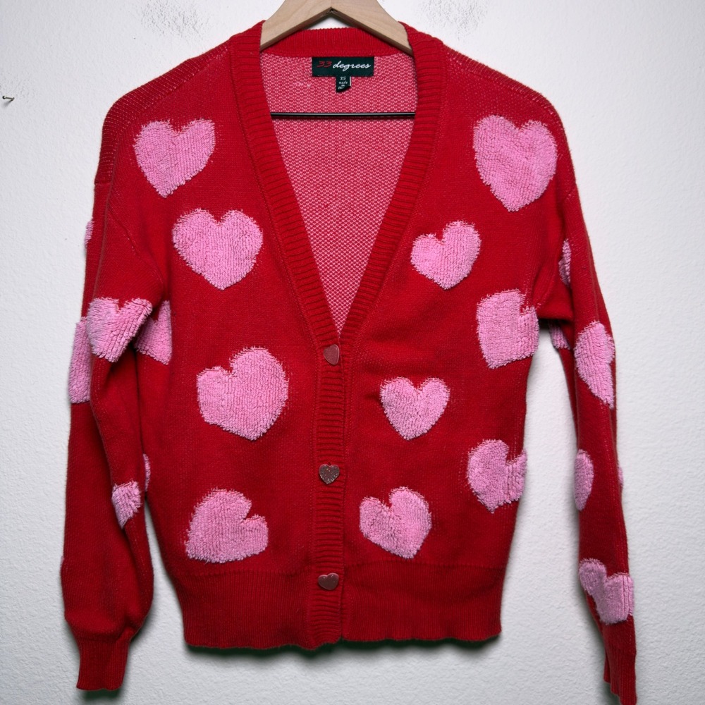 33 Degrees Women Novelty Cardigan Sweater XS Pink Hearts V-Neck Oversized Casual